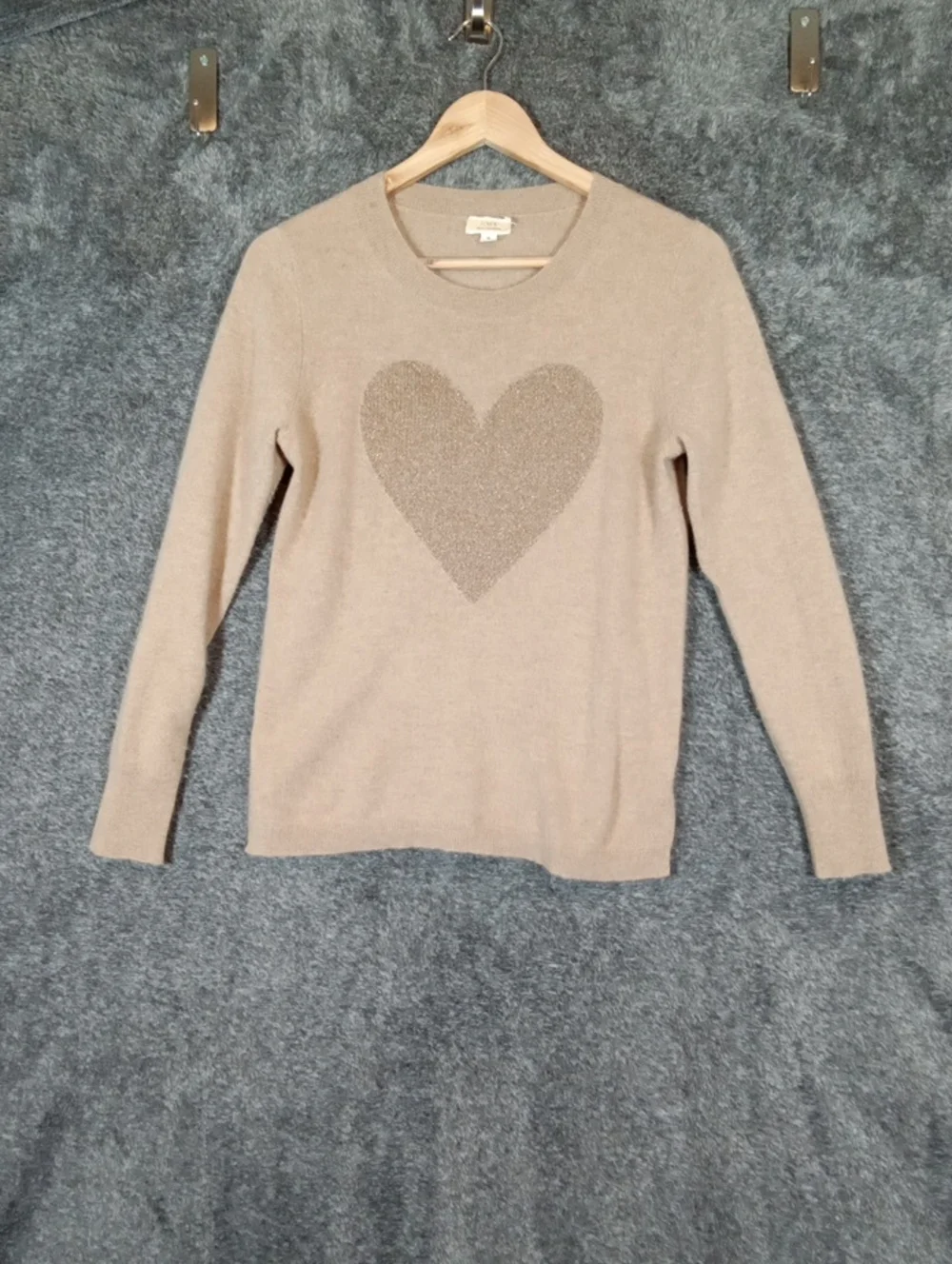 J Crew Cashmere Crewneck Sweater With Lurex Metallic Heart Neutral Fitted Small
